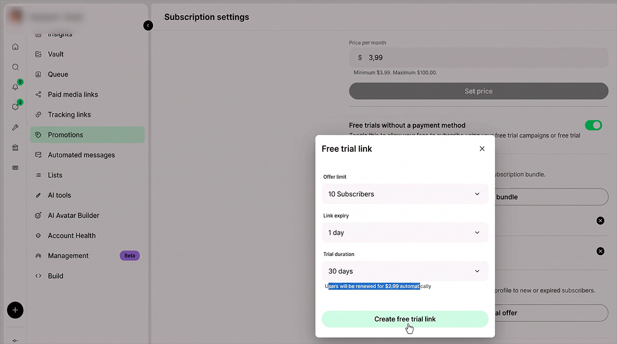 setting up a Free Trial Links trial subscription on Fanvue