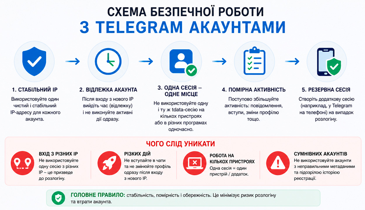 Схема безпечної роботи з Telegram акаунтами для запобігання розавторизації та втрати доступу