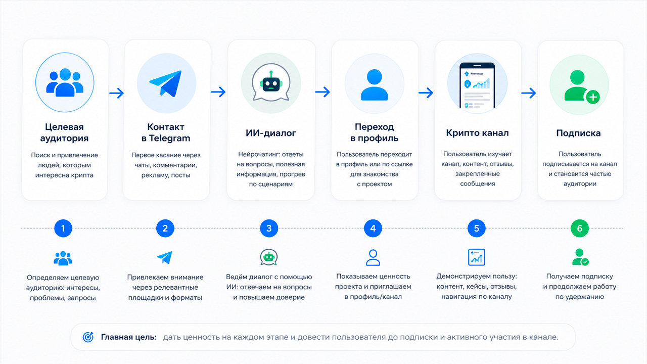 Схема продвижения крипто канала в Телеграм через нейрочаттинг