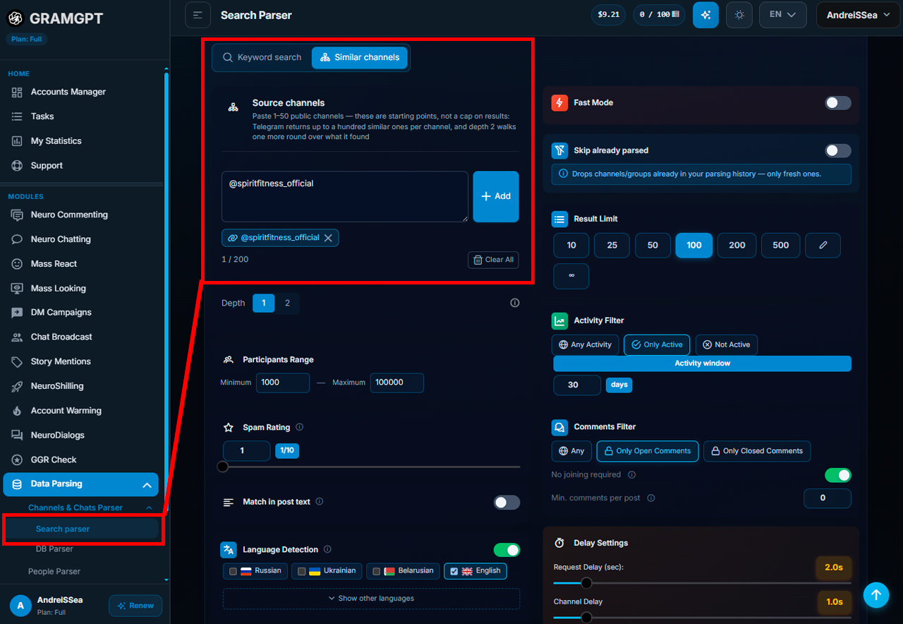 Parser of similar Telegram channels in GramGPT.io