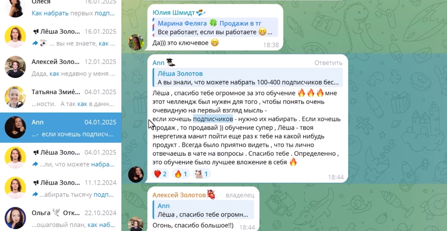 Скріншот Telegram-чату з активними повідомленнями учасників