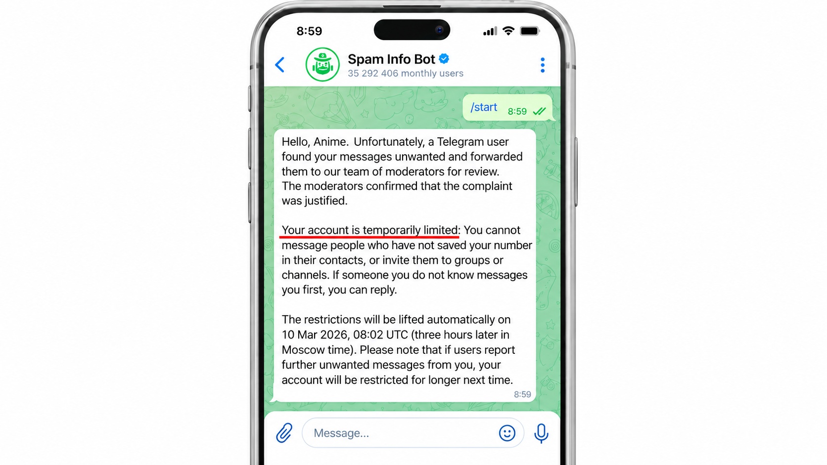Spam block on a Telegram account