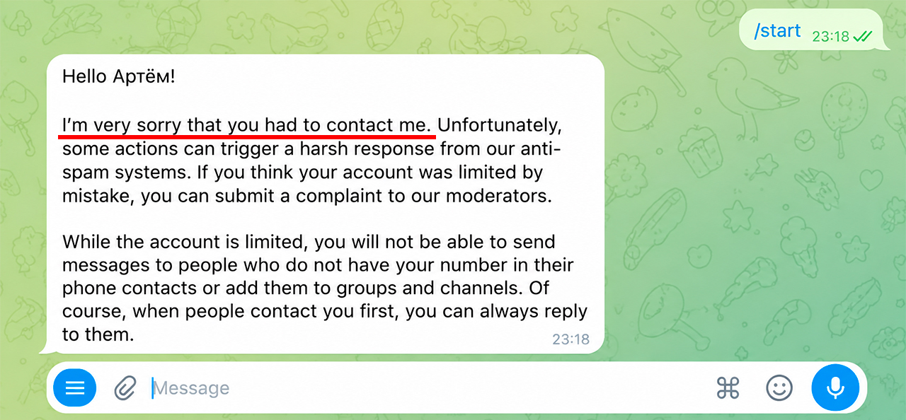 Spam block for non-mutual contacts in Telegram