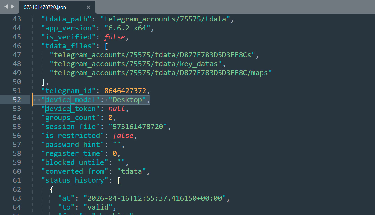 Telegram account device model metadata example in Telethon JSON