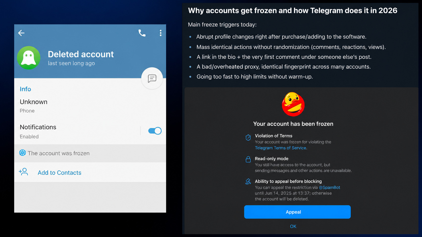The problem of freezing a Telegram account