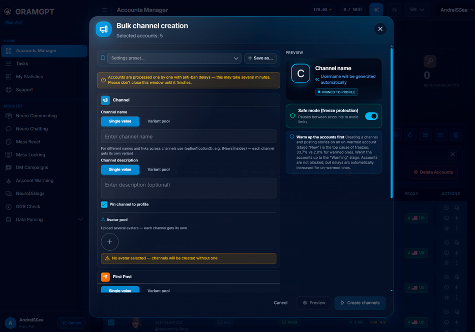 Bulk creation of Telegram channels through the Telegram account manager in GramGPT.io