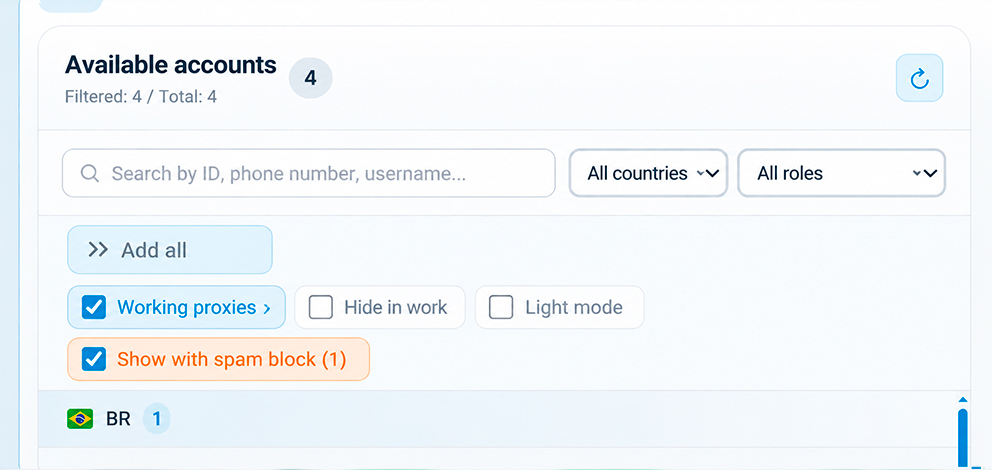 Selecting Telegram accounts with spam block in GramGPT for work and promotion