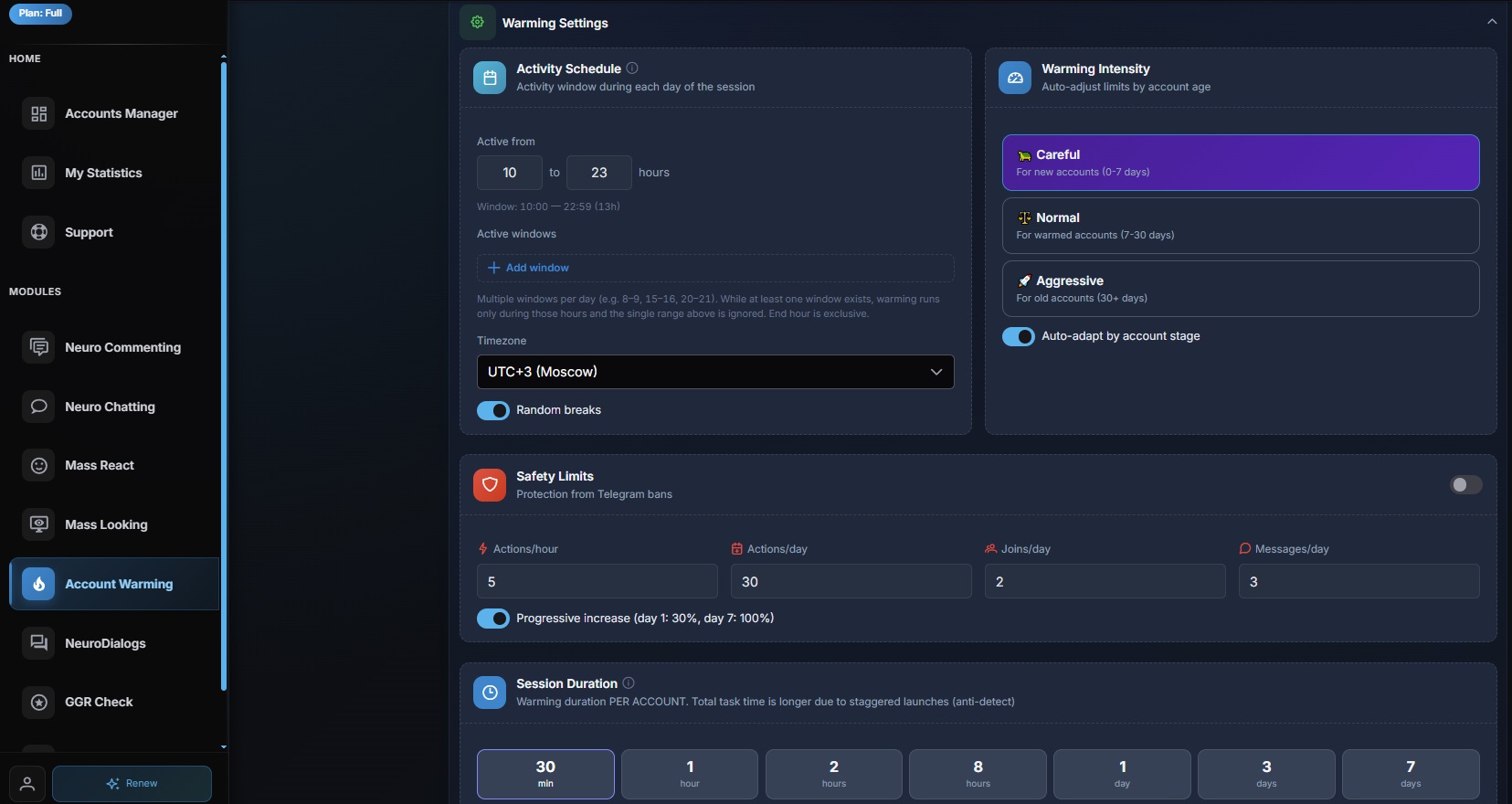 Setting up Telegram account warm-up in GramGPT