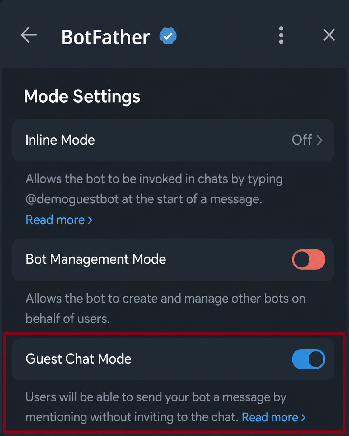 Enabling guest mode for a Telegram bot