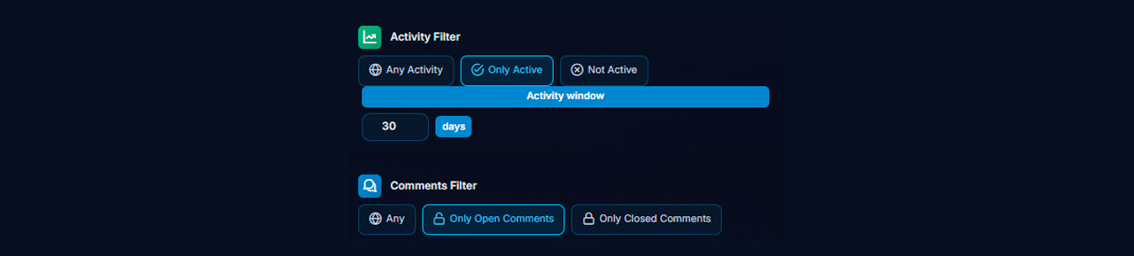 Configuring the activity and commenting filter for Telegram channels