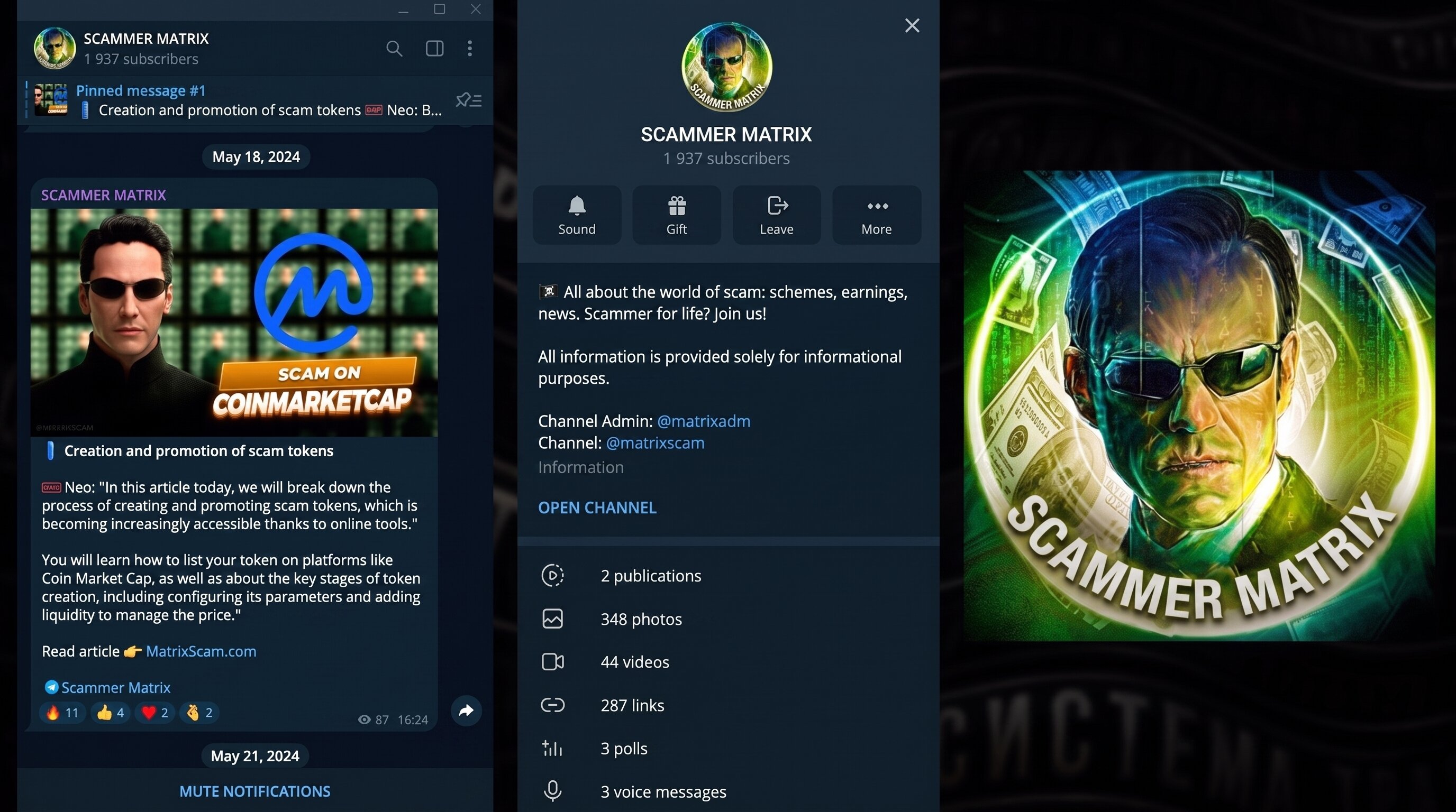 Example of Telegram channel design for earning schemes in the Matrix style