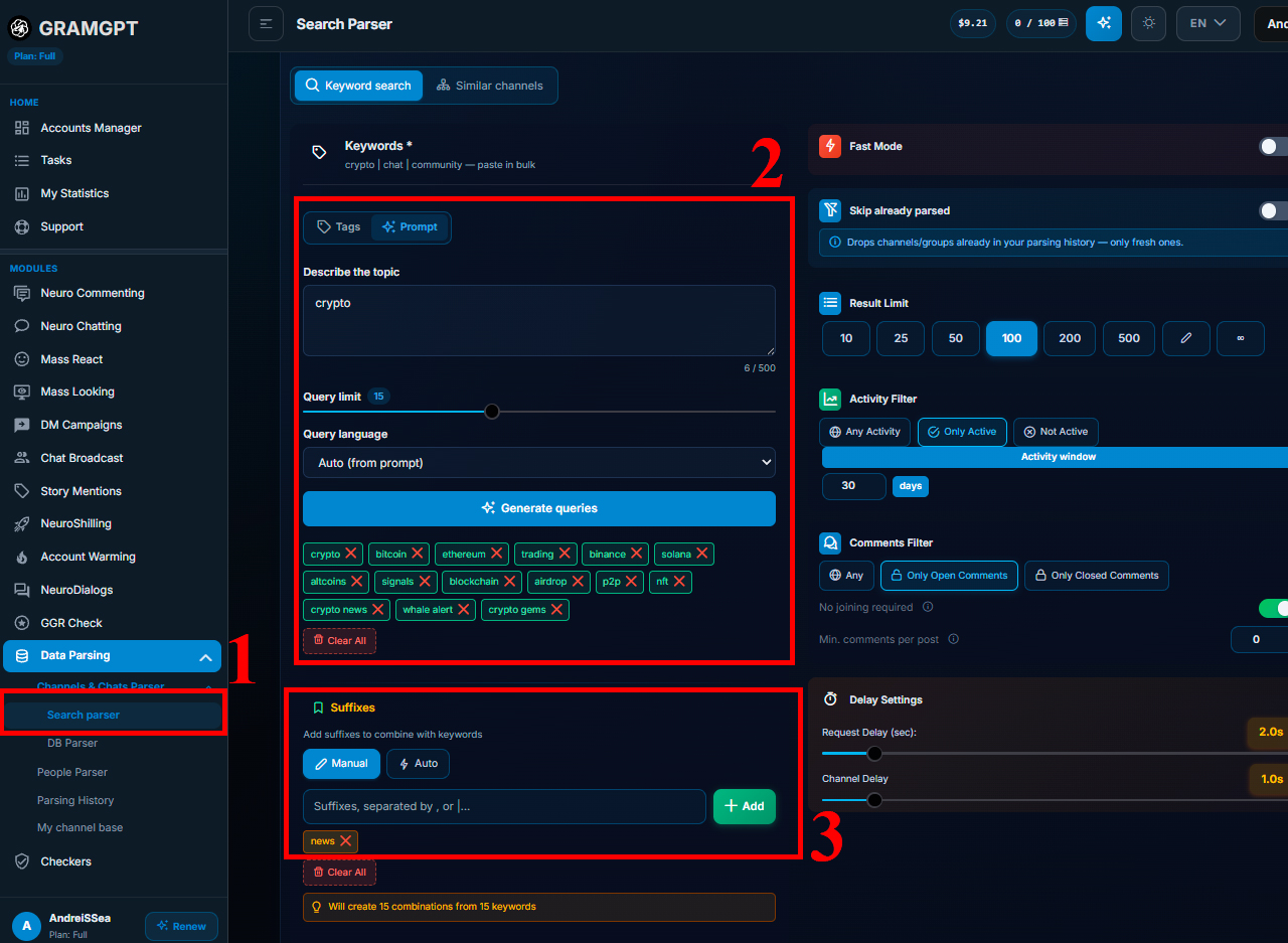 Telegram channel parser by keywords in GramGPT
