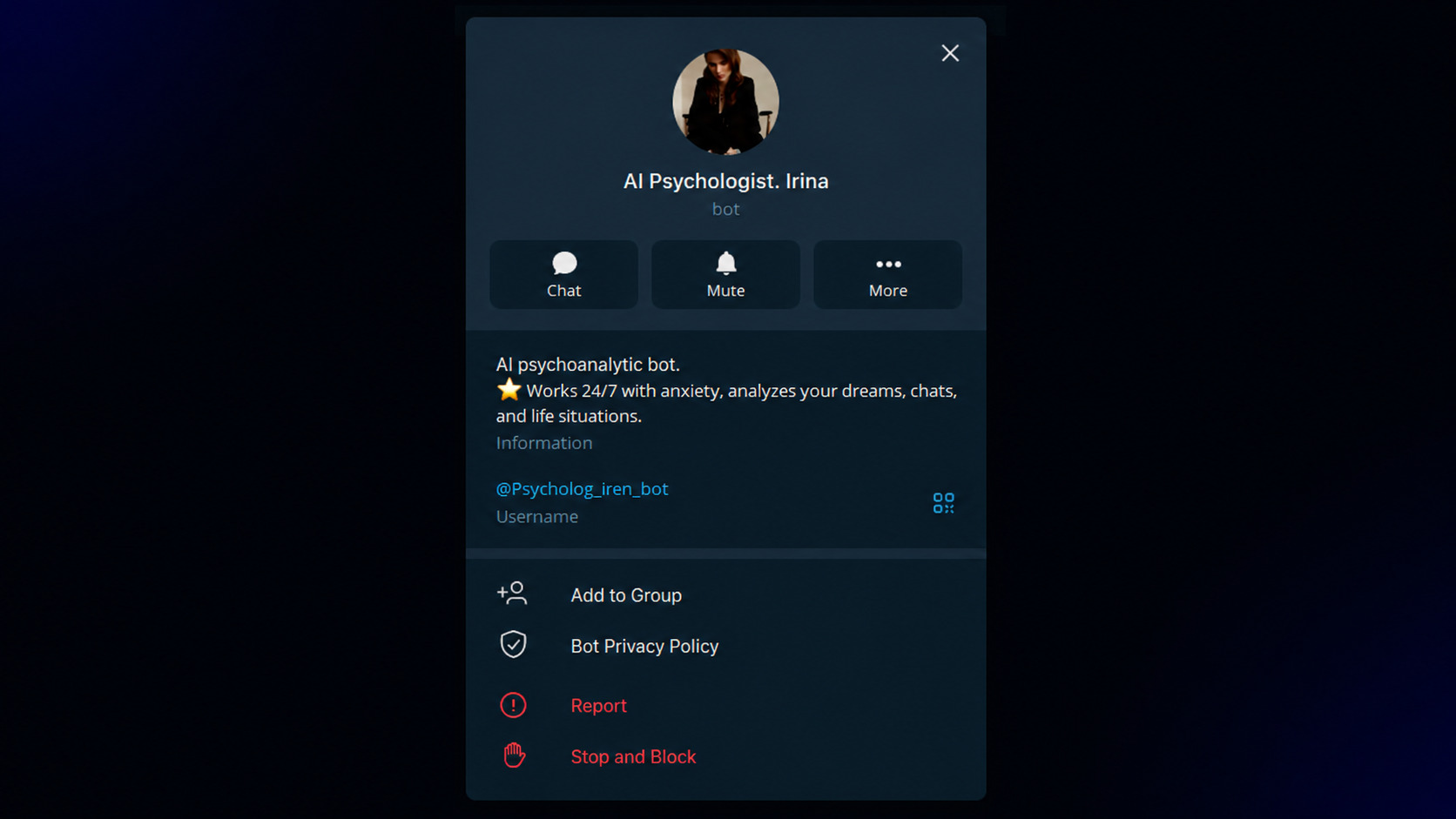 Promoting a Telegram channel through a guest AI psychologist bot