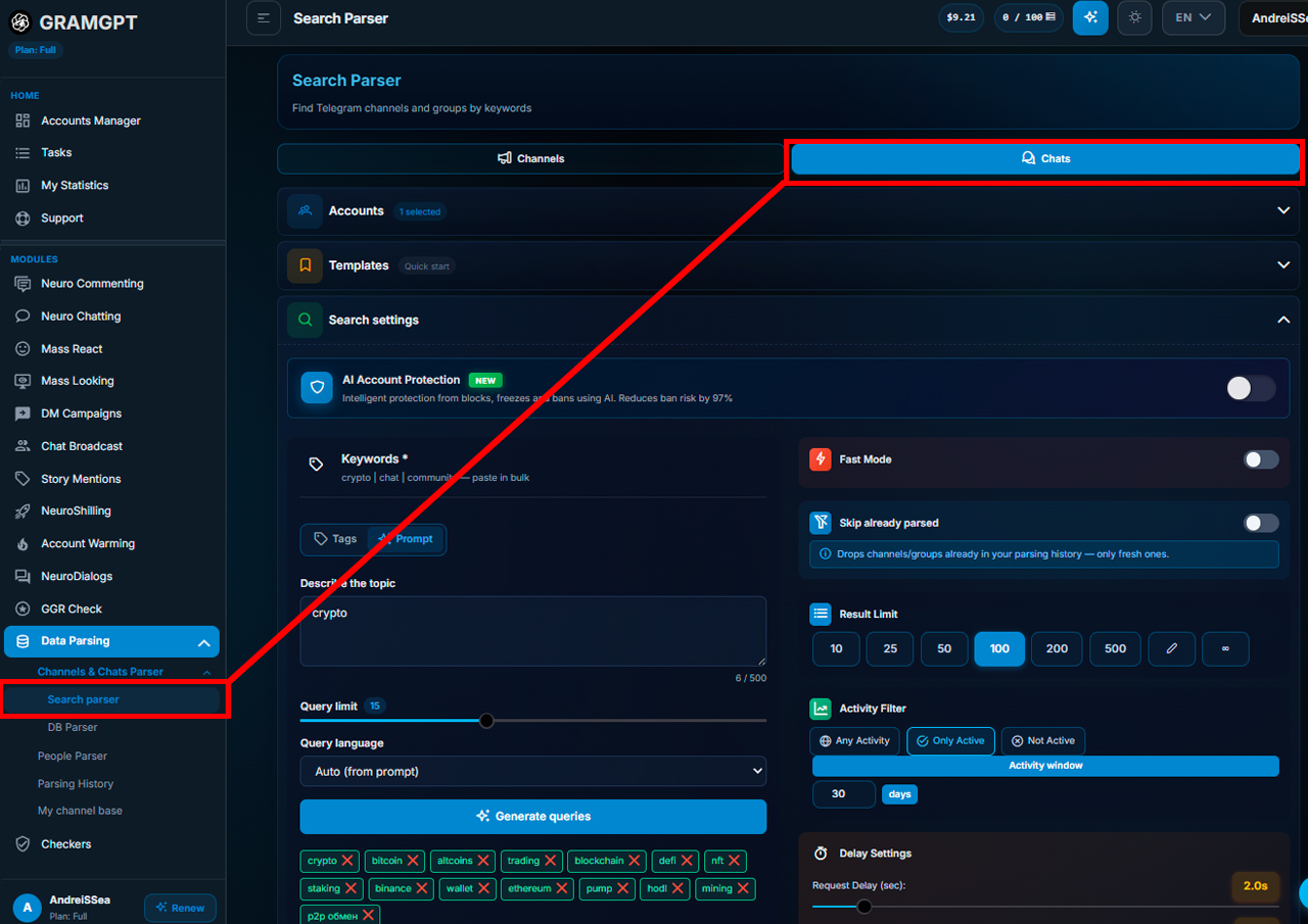 Telegram chat and group parser by keywords in GramGPT