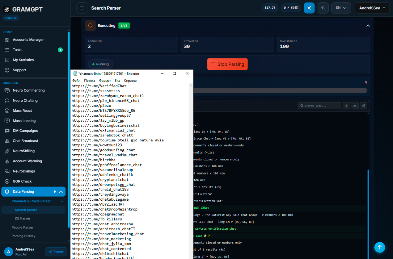 Telegram chat parser in GramGPT.io
