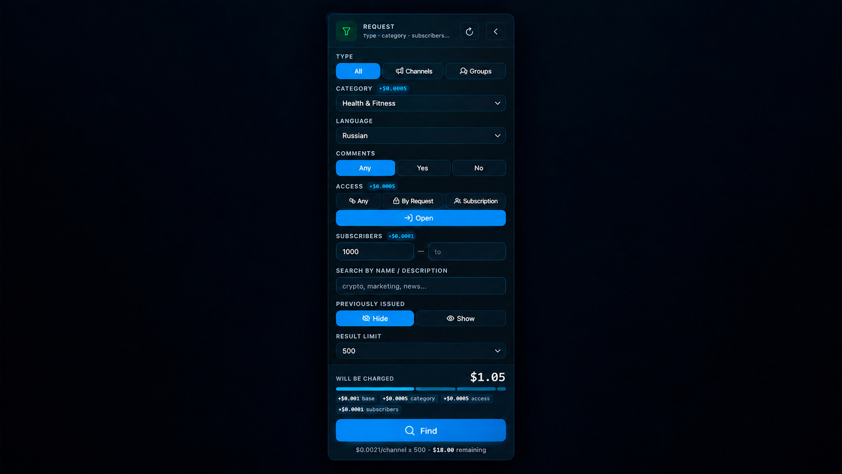 Configuring the Telegram parser filter for the database in GramGPT