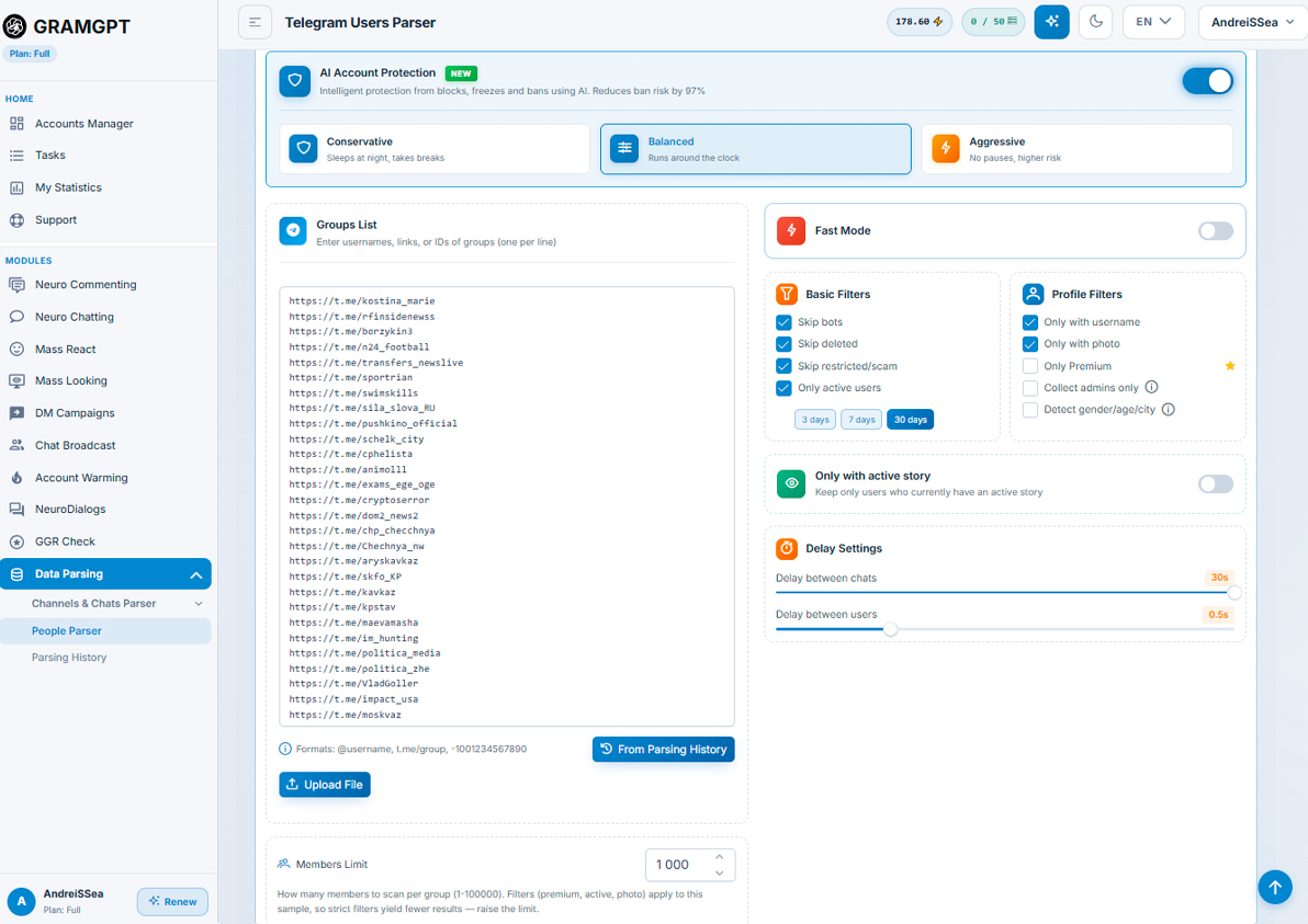 Parser of users from thematic Telegram chats, channels, and groups in GramGPT.io