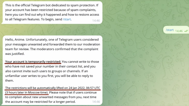 Temporary spam block in Telegram