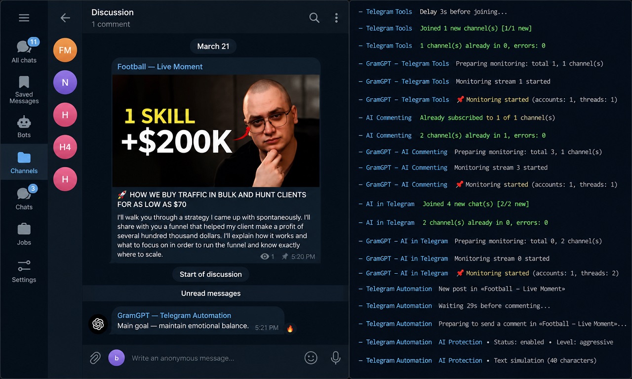 the process of using neuro-commenting to promote a Telegram bot