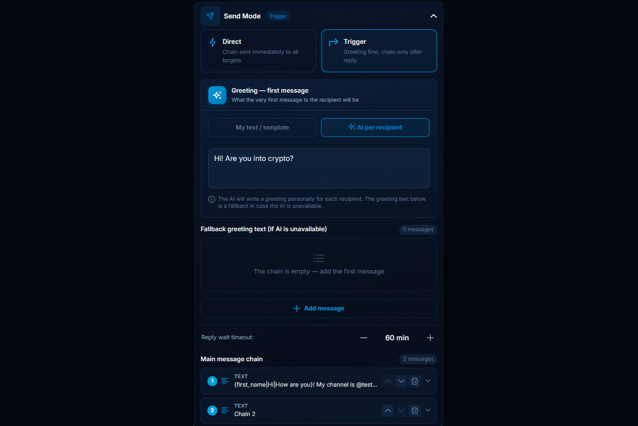 Setting up trigger-based Telegram direct-message outreach in GramGPT.io