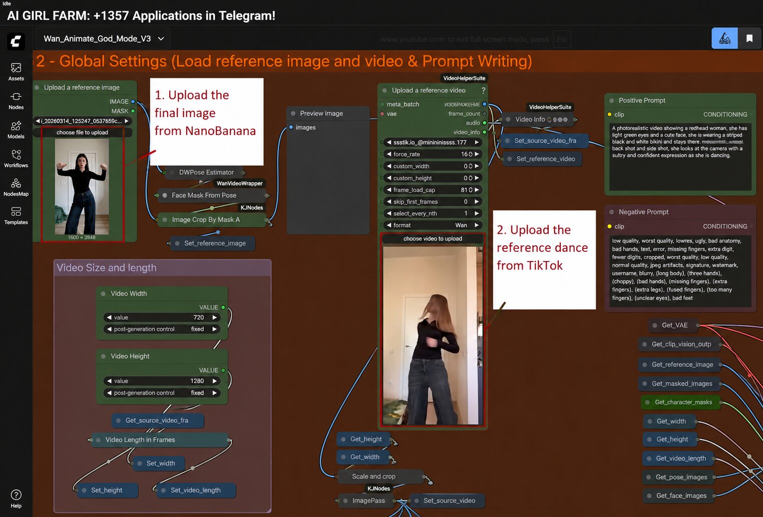 uploading a TikTok dance video reference and a NanoBanana-generated photo of our AI model to ComfyUI