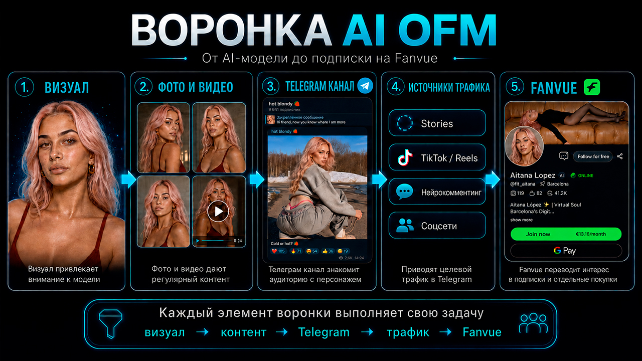 Воронка AI OFM Fanvue от визуала до первых продаж