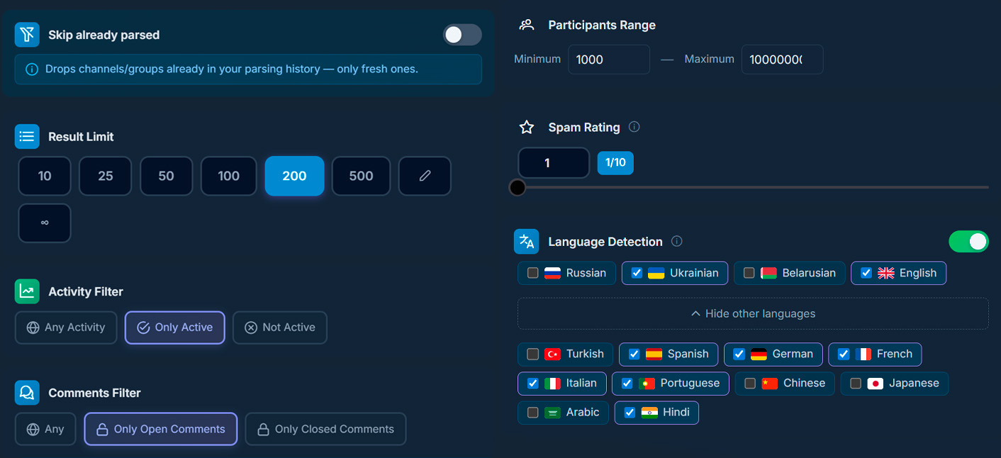 What filters can be set when collecting a Telegram channel database