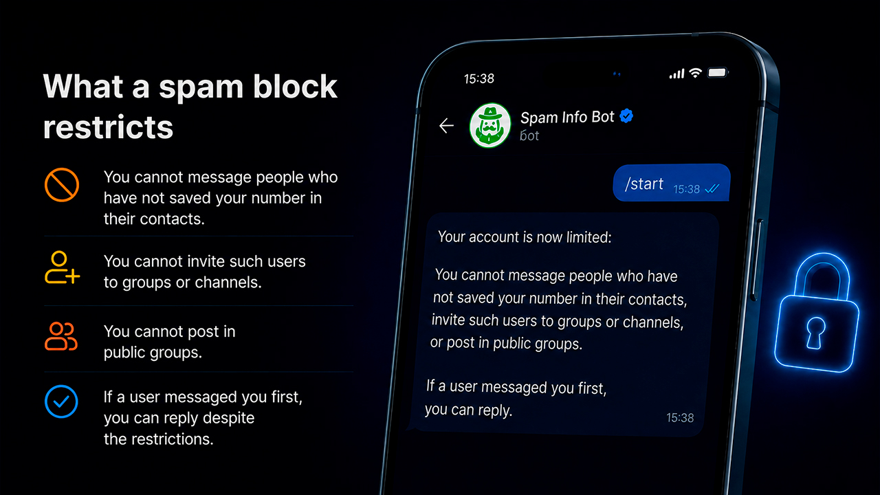 Spam block in Telegram, temporary, permanent, geo
