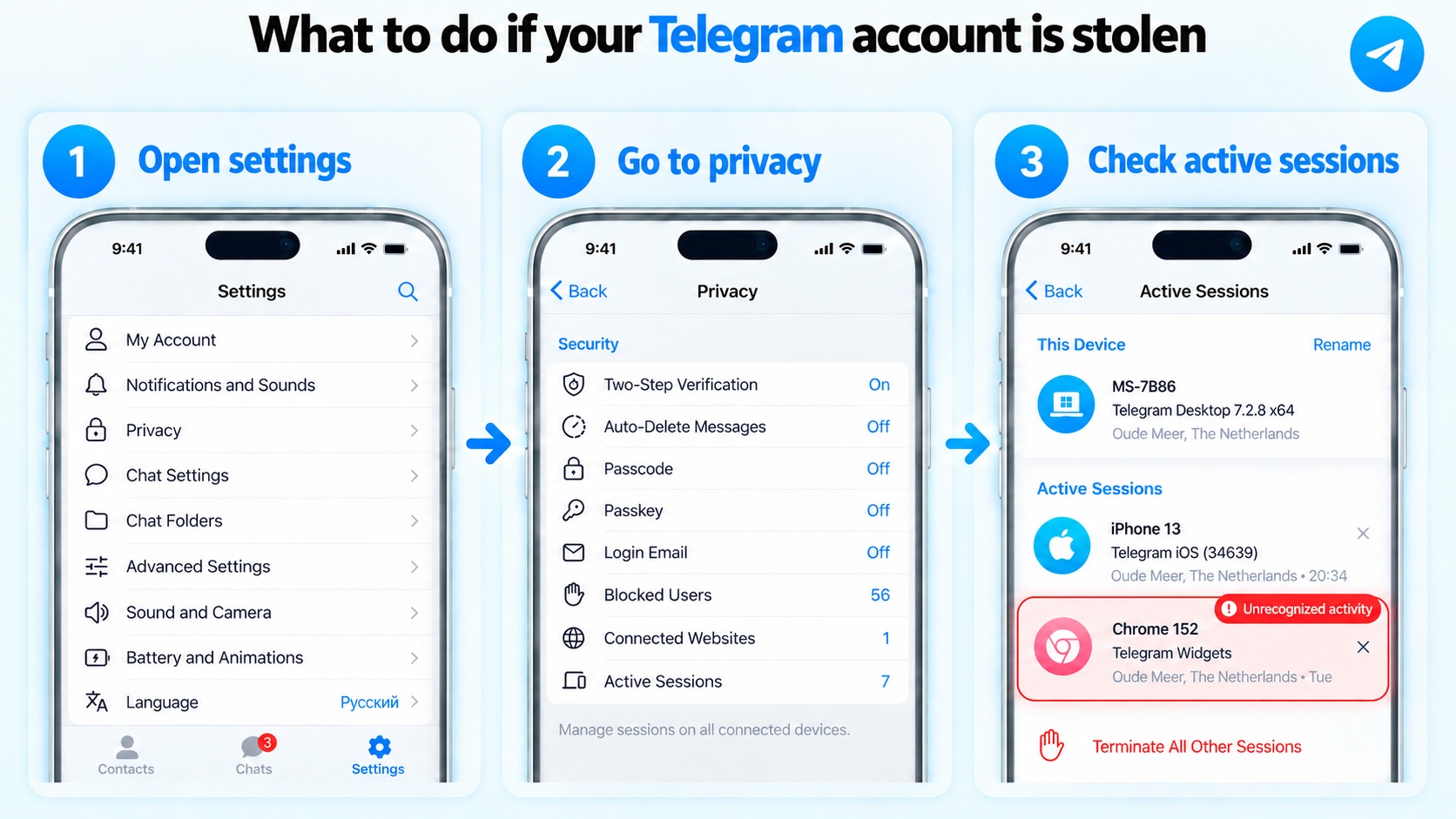 Check active sessions if your Telegram account is stolen