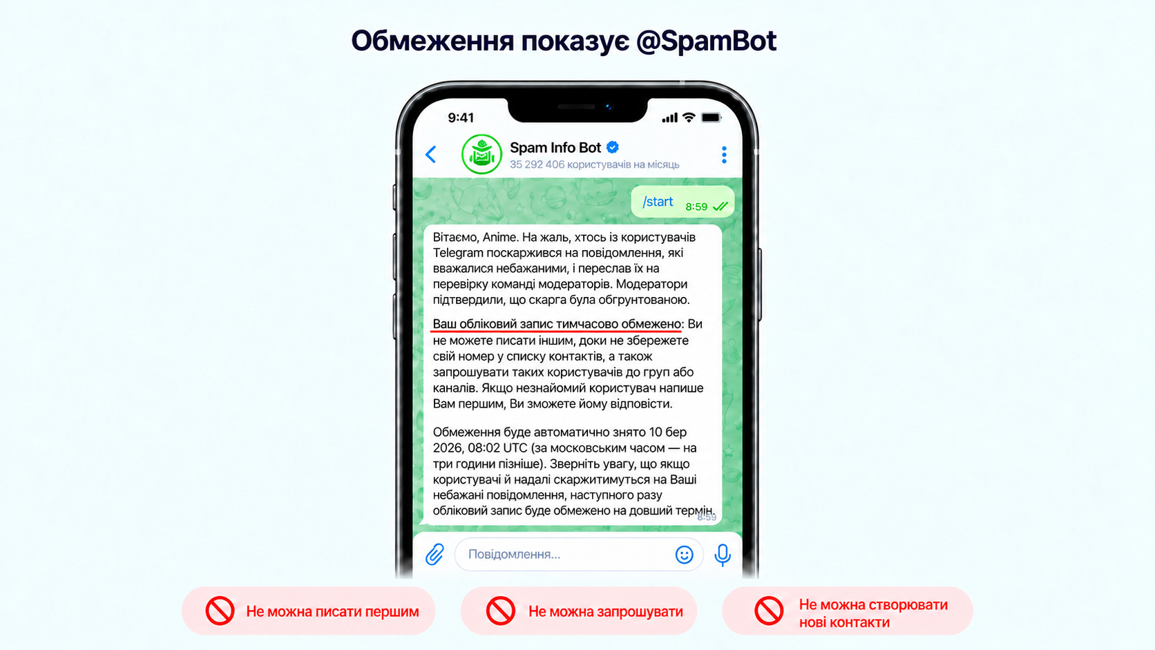 Як виглядає спамблок у Телеграм