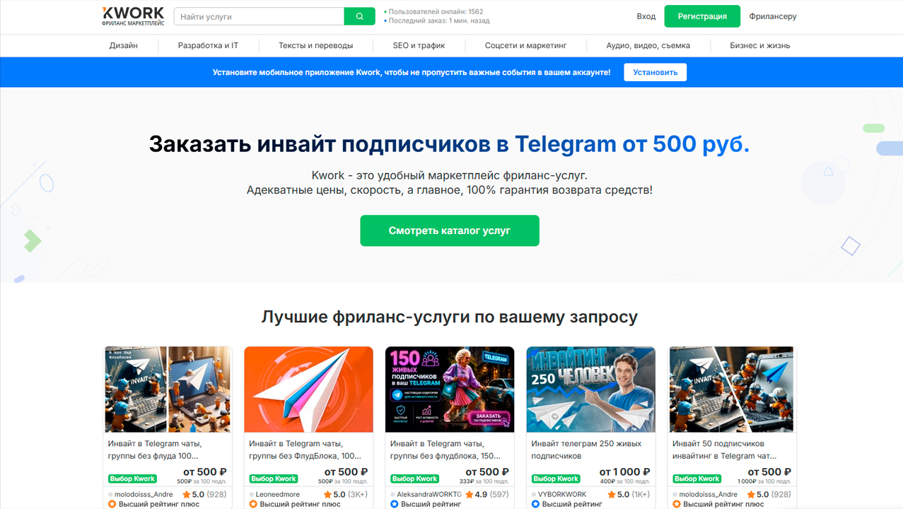 Заказ Телеграм инвайтинга на фриланс площадке Kwork