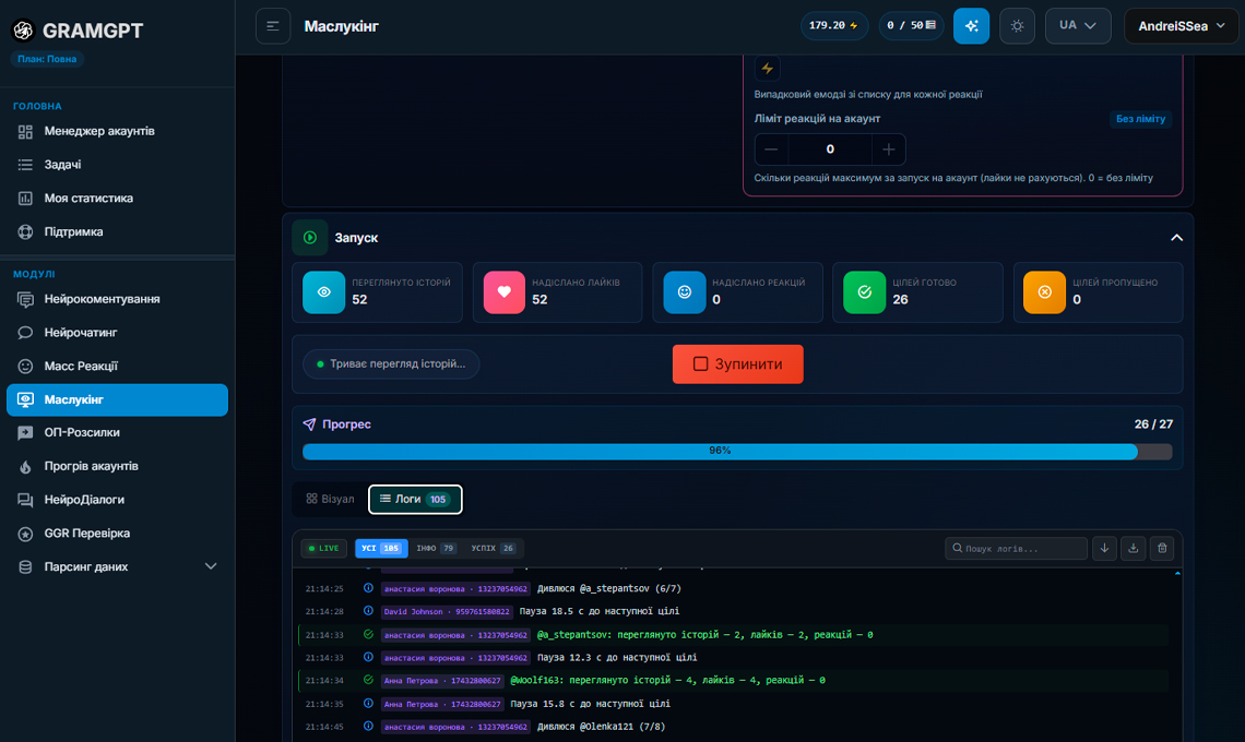 Запуск роботи Маслукінгу Телеграм у GramGPT.io