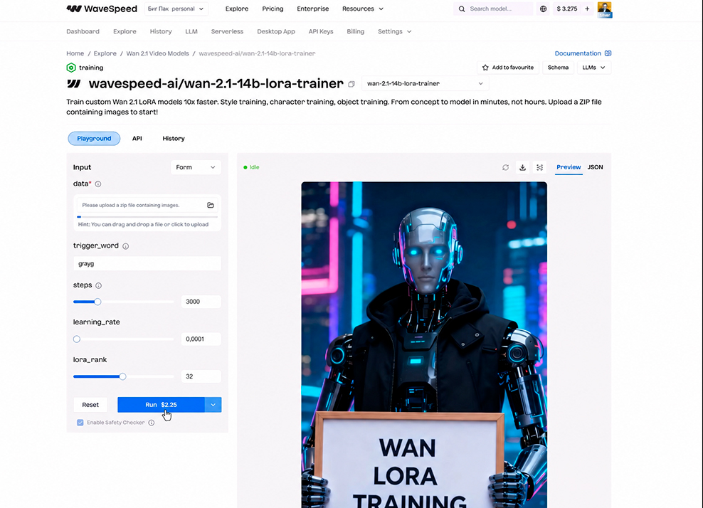 Загрузка пака готовых фоток ИИ девушки в wavespeed wan 2.1 14b lora trainer